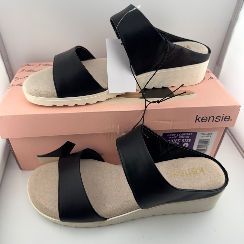 Kensie Endy Comfort Sandals Women 8 Black NIB Platform Wedge Slide KS261620